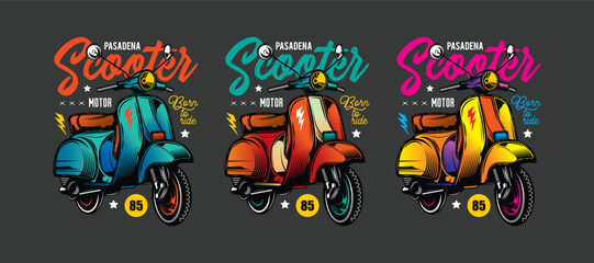 Classic old scooter. Original vector illustration in vintage style. T-shirt design. © artmarsa