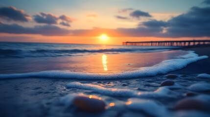 Obraz premium A sunset over a quiet beach with the sun setting behind a distant pier and the waves gently lapping at the shore creating a peaceful and reflective atmosphere.