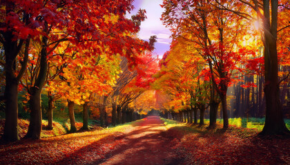 Naklejka premium Autumn fall leaves through the trees yellow orange red landscape