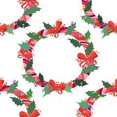 Vector seamless pattern with Multicolored Christmas round wreaths with bows, green leaves and holly berries on a white background.