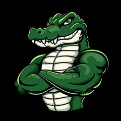 Muscular green alligator mascot with arms crossed and angry face