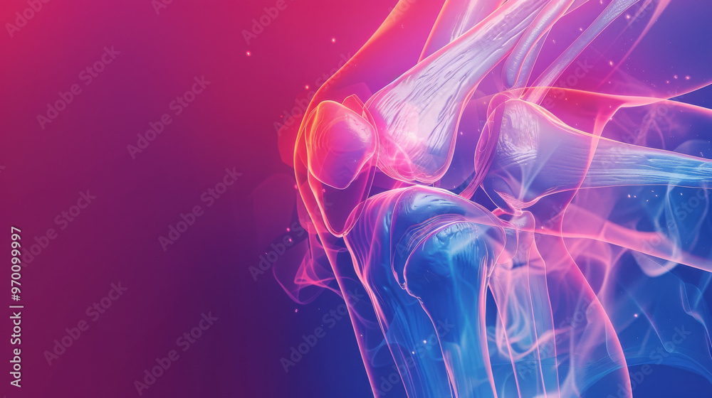 Wall mural a blue and pink background with a skeleton leg and knee