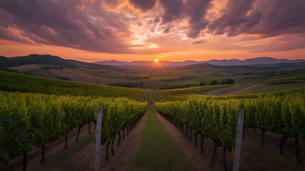 Fototapeta premium A sunset over a vineyard in Tuscany with rows of grapevines stretching out under a sky filled with warm golds and deep purples and the hills bathed in light.