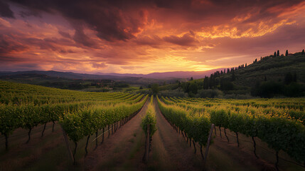 Naklejka premium A sunset over a vineyard in Tuscany with rows of grapevines stretching out under a sky filled with warm golds and deep purples and the hills bathed in light.