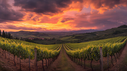 Naklejka premium A sunset over a vineyard in Tuscany with rows of grapevines stretching out under a sky filled with warm golds and deep purples and the hills bathed in light.
