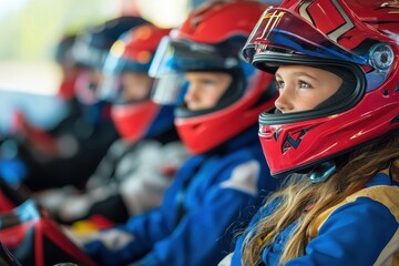 Seven people including three adults and four children wearing helmets listen to karting instructions with emphasis on female participant