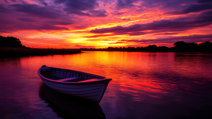 A tranquil sunset over a calm river with a rowboat gently drifting on the water and the sky ablaze with fiery reds and deep purples.