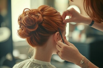 Fototapeta premium Close-up shots of a hair stylist crafting an elegant updo for a special occasion,