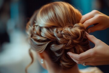 Fototapeta premium Close-up shots of a hair stylist crafting an elegant updo for a special occasion, 