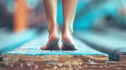 Obraz premium Feet of Gymnast on Balance Beam: Close-up of balance beam performance.