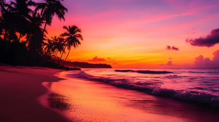 A tropical beach at sunset with palm trees silhouetted against a sky of deep orange and pink and the waves gently lapping at the shore.