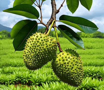 Branch with fruits of the soursop Annona muricata