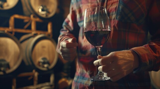 A hand of a person in a plaid shirt holds a glass of red wine, with wooden barrels visible in the background - Powered by Adobe