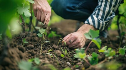 Naklejka premium A person's hands are carefully working in a vineyard, tending to young plants.