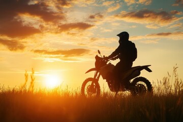 Fototapeta premium Silhouette of a motorcyclist and bike at sunset in a field enduro off road motorcycle