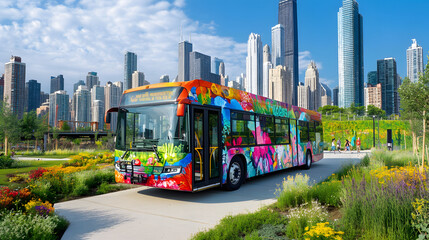 A vibrant electric bus with colorful artwork promoting environmental awareness traveling through a city filled with green spaces and parks.