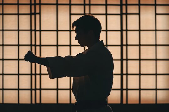 Silhouette of a handsome young man doing Gyaku tsuki at the karate studio