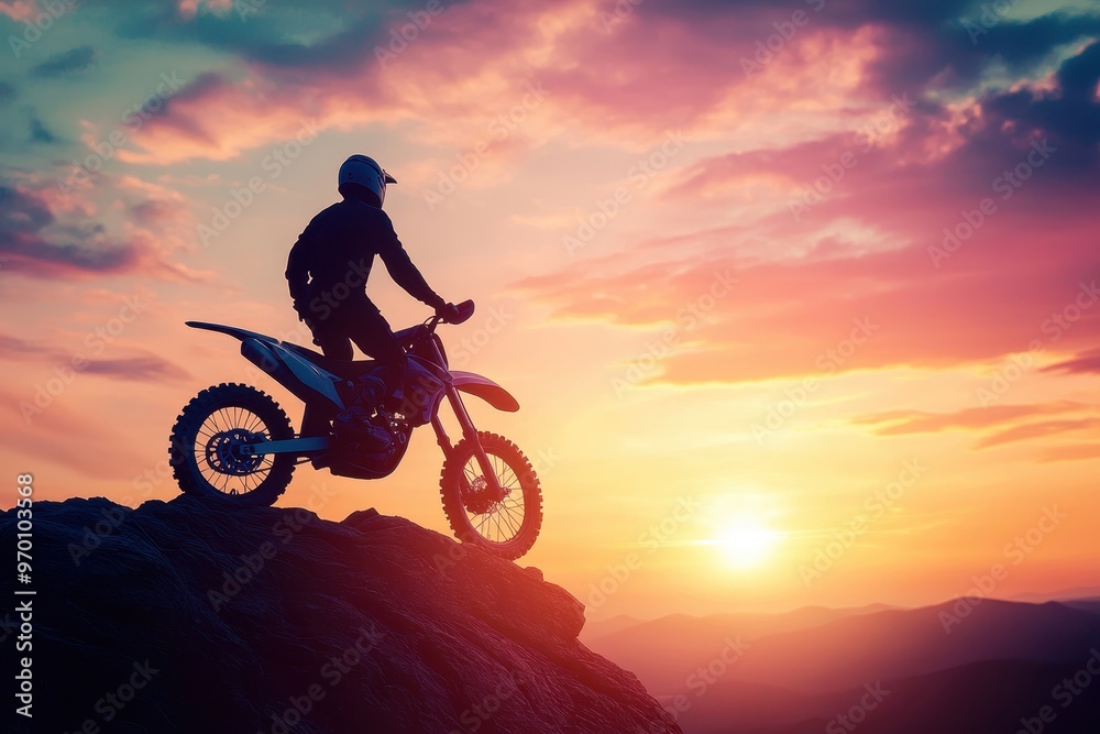 Wall mural Silhouetted man on motocross bike atop rocky mountain at sunset representing enduro travel