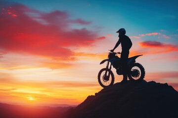 Silhouetted man with motocross bike on rock high mountain at beautiful sunset enduro travel concept