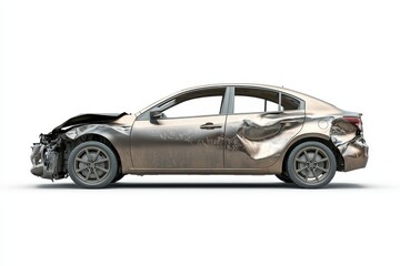 Silver bronze car damaged in accident isolated on white background