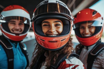 Smiling diverse friends with helmets on at racetrack banner