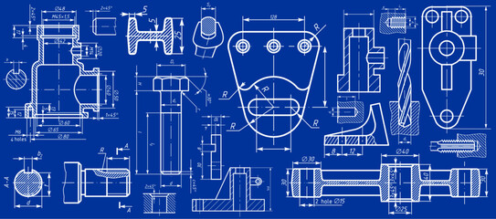 Vector engineering drawing of steel mechanical parts 
with through holes and dimension lines. Industrial 
cad scheme on paper sheet. Technology background.
Computer cad design.