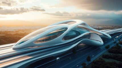 Obraz premium Futuristic White Building Over Highway with City in Background