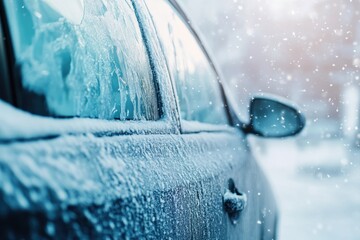 Snow covered car in winter icy windshield