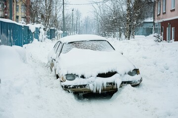 Snow covered frozen car on winter road Dangerous winter driving situation Car snow removal needed