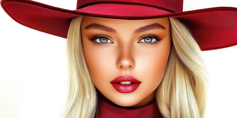 A striking portrait of a young woman with piercing green eyes, wearing a fashionable red hat and matching outfit, exuding confidence in a contemporary artistic setting