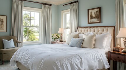 Fototapeta premium Luxurious Bedroom with White Bedding and Light Blue Walls