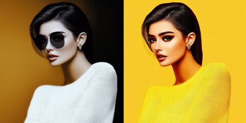 Fototapeta premium A chic young woman posing with a striking contrast between black and yellow backgrounds, showcasing her stylish sunglasses and trendy knitwear on a bright sunny day