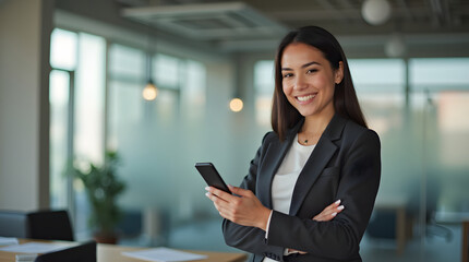 Happy young Hispanic professional business woman using tab standing in office. Happy businesswoman manager female executive leader holding tab at work