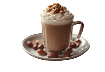 Close up of a caramal chocolate hazelnut latte with foam and syrup on brown towel with nuts isolated on transparent background