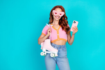 Photo portrait of pretty young girl fluffy sunglass hold device wear trendy pink outfit isolated on...