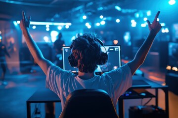 Streamer young man celebrates victory in esport shooter game tournament making winner hand gesture while streaming online gameplay Cyber sport concept