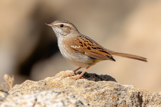 Streaked plumage small songbird found near rocky coasts recognized by bobbing tail and high pitched song