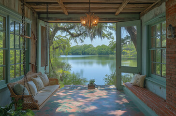 Fototapeta premium Southern Hospitality: Porch with Swing Benches and Refreshing Iced Tea