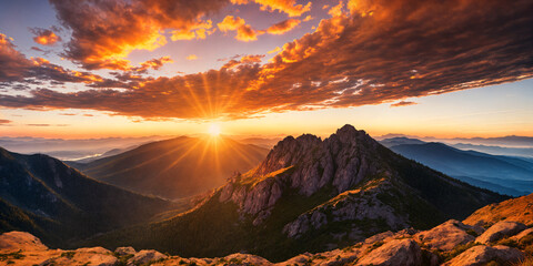 Fototapeta premium Golden hour sunset over a panoramic mountain landscape, with calm orange skies creating a peaceful atmosphere ideal for capturing the serene beauty of nature during summer’s relaxing moments