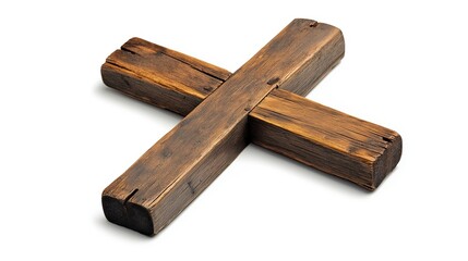 one single old rustic wooden christian cross isolated on white background