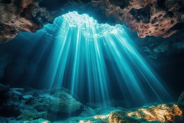 Obraz premium Sunlight illuminates the cave underwater