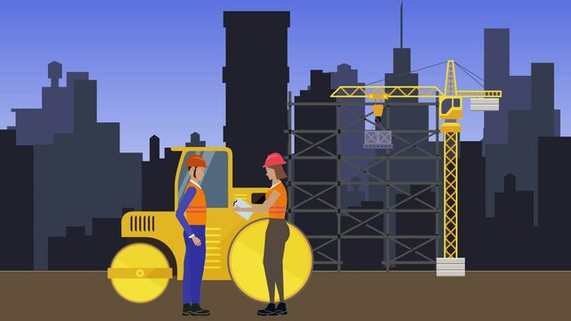 Working on Construction site, on the edge of town with engineers and building machines animation