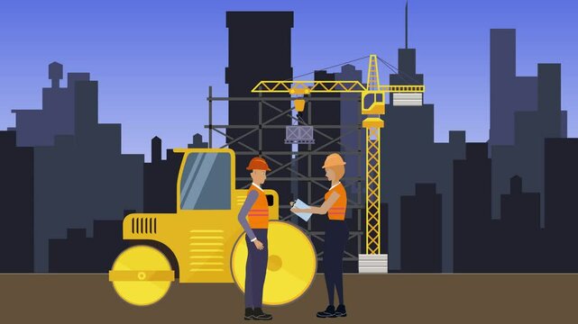 Working on Construction site, on the edge of town with engineers and building machines animation