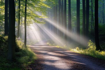 Fototapeta premium Sunlit footpath in foggy beech forest