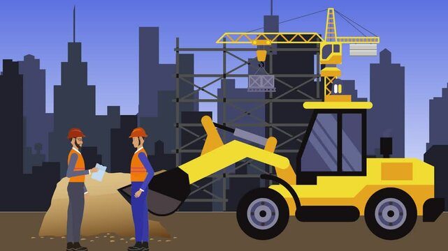 Working on Construction site, on the edge of town with engineers and building machines animation