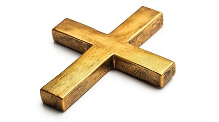 one single golden christian cross isolated on white background