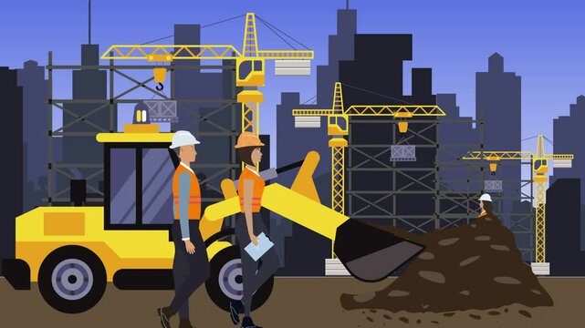 Working on Construction site, on the edge of town with engineers and building machines animation