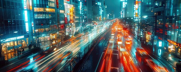 Vibrant city street with neon lights, showcasing motion blur from traffic and urban energy at night. Free copy space for banner.