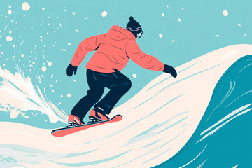 Illustration of a snowboarder in a red jacket advancing down a snowy slope.