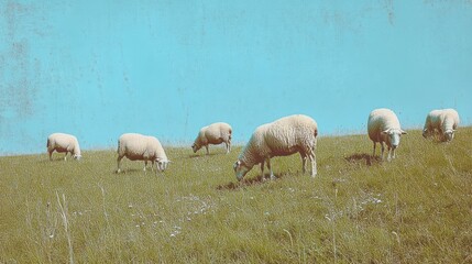 Fototapeta premium Five Sheep Grazing in a Lush Green Field Under a Blue Sky